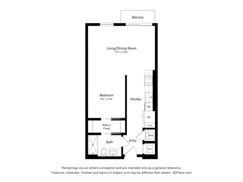 Floor plan for 1 bed, 1 bath, 620 sqft